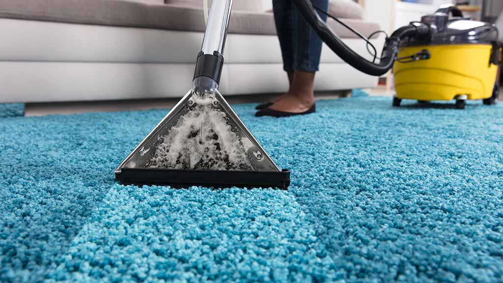 person using an at home carpet cleaner