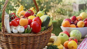 basket of vegies and bowl of fruit