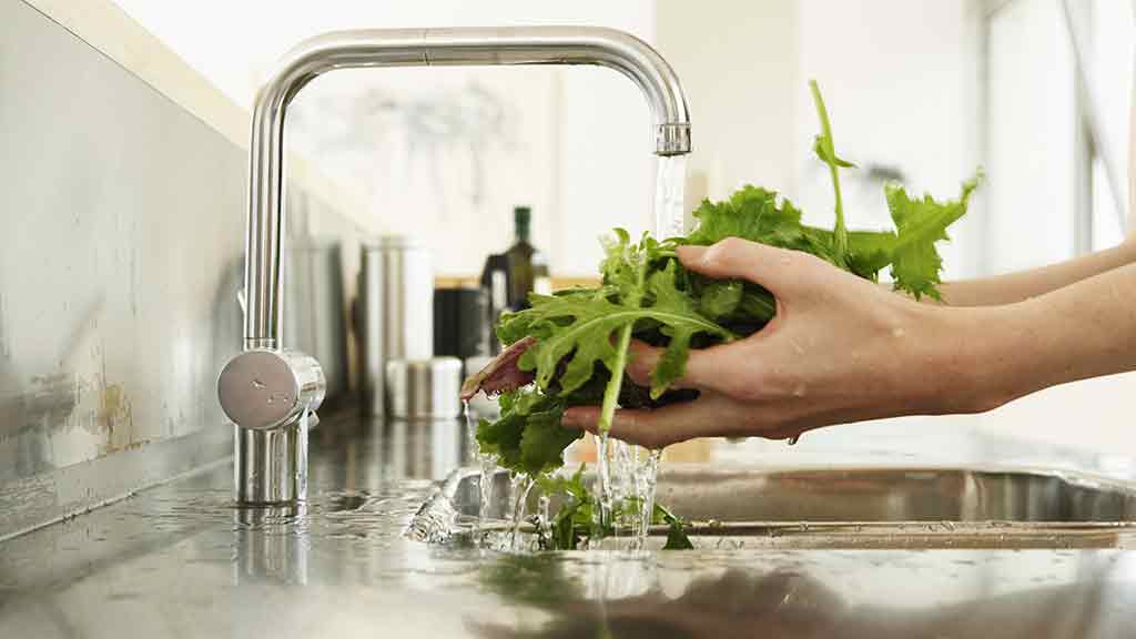 salad leaves being washed under tap