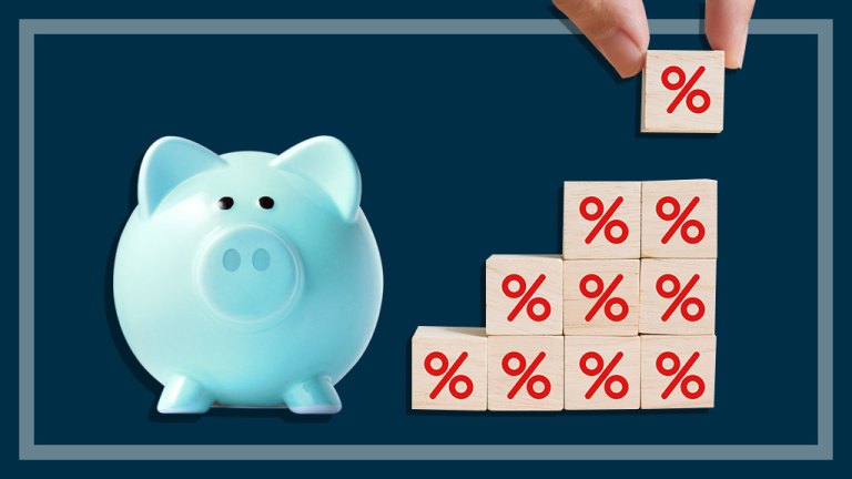 blue piggy bank and interest blocks