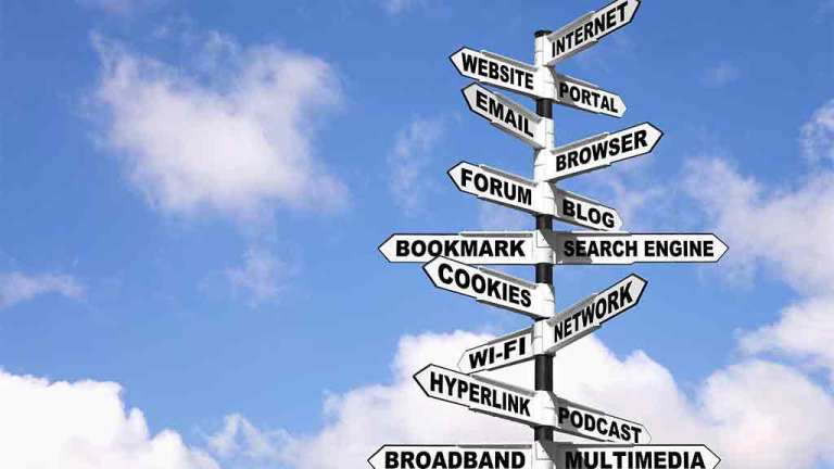 internet term street sign pointing in many directions