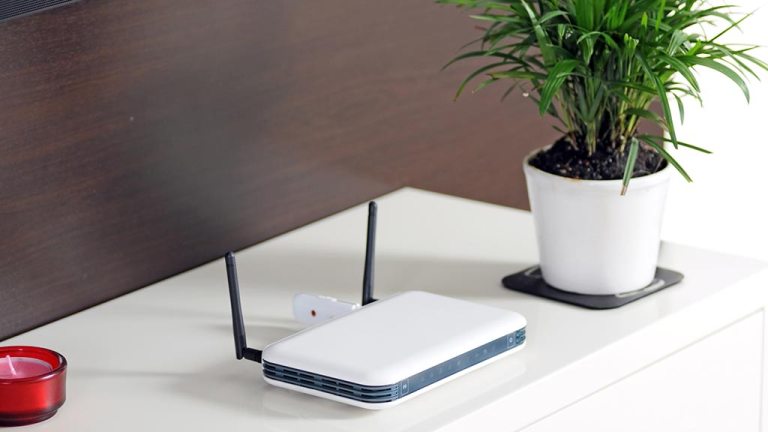 wi-fi router on shelf next to plant