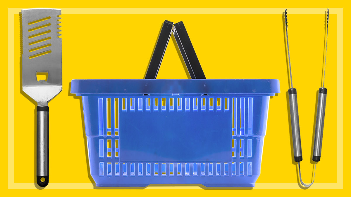 bbq utensils and shopping basket