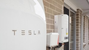 closeup of tesla powerwall on outside of pfitzner home