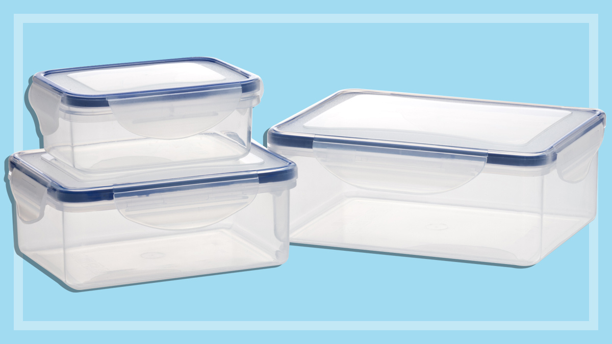plastic containers on blue background