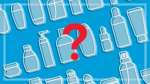 question mark in front of illustrated cosmetic bottles