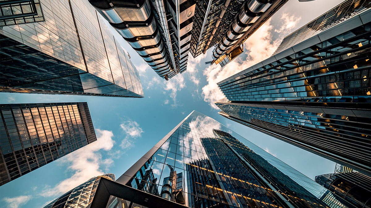 view from below of city office buildings