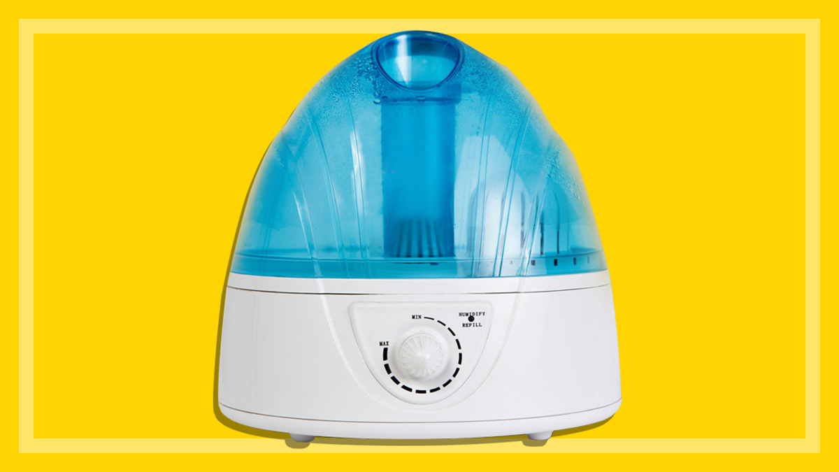 Blue and white humidifier on yellow background
