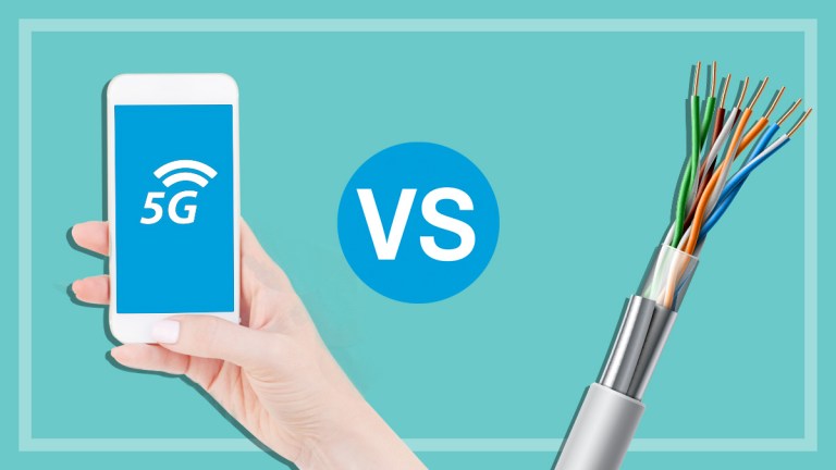 A phone with a 5G logo versus an NBN fibre on a teal background