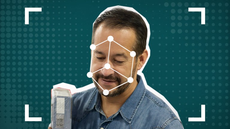 man with facial recognistion software on face