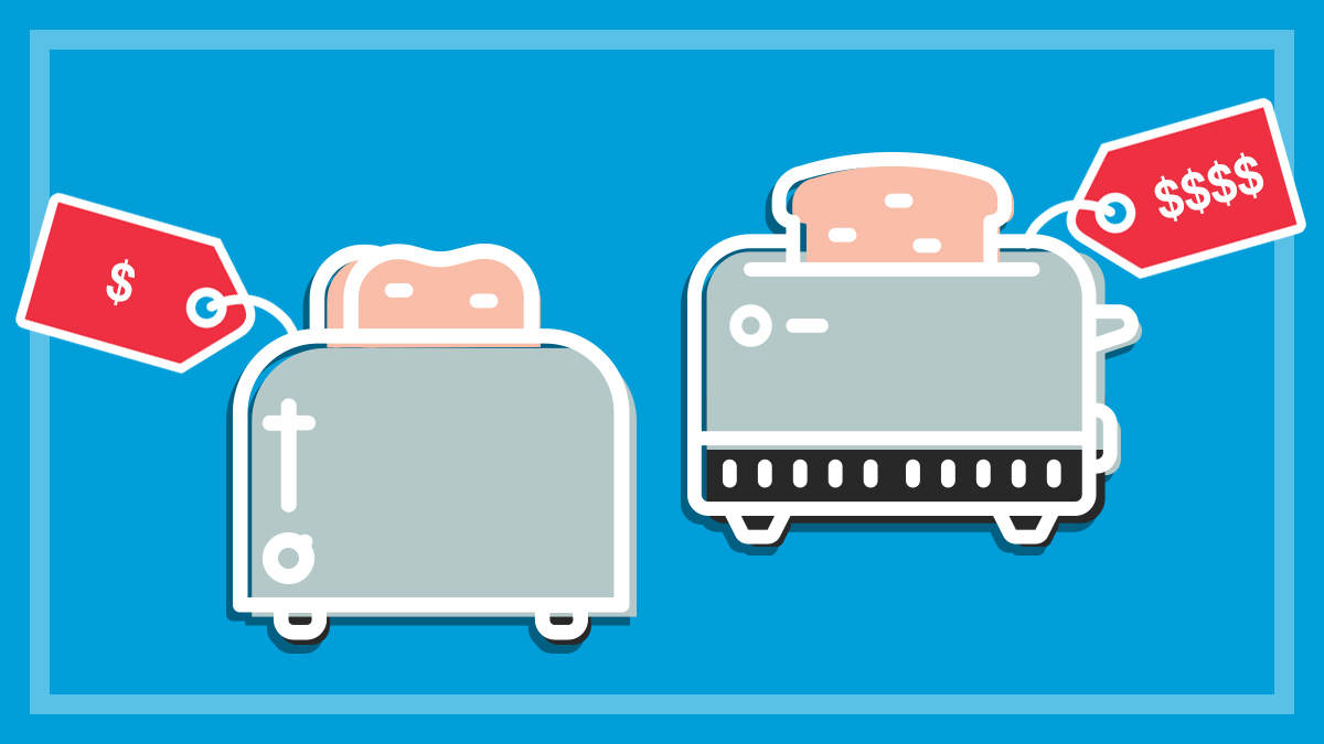 two toasters with a cheap and an expensive price tag