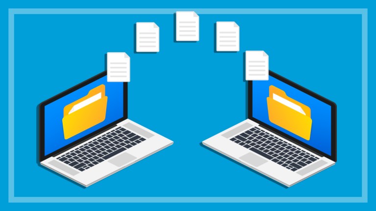 illustration of files being transferred from one laptop to another