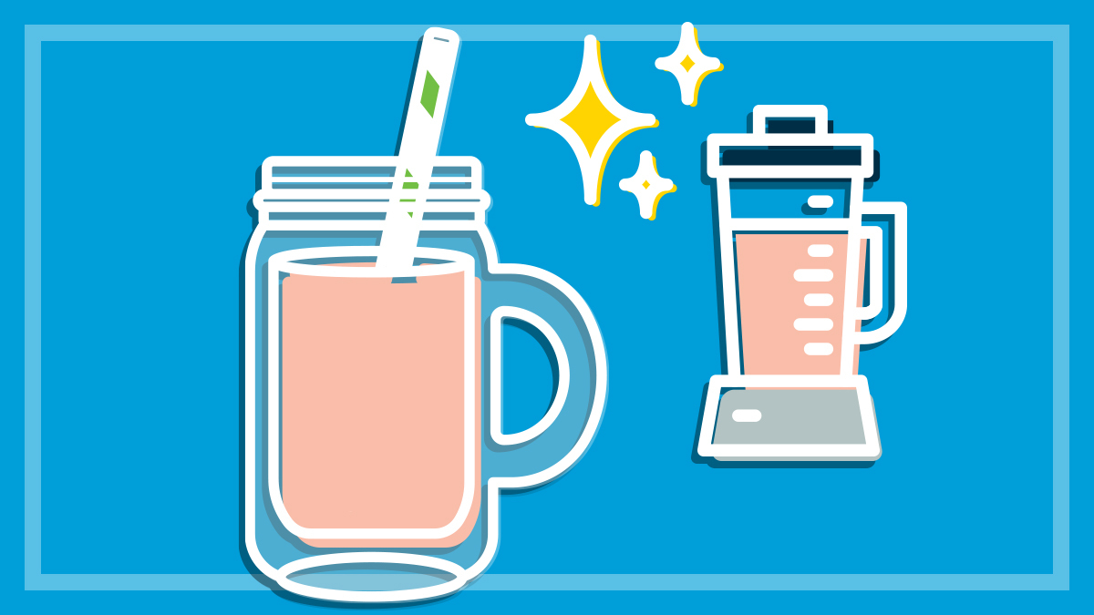 illustration of smoothie in mason jar with blender in background