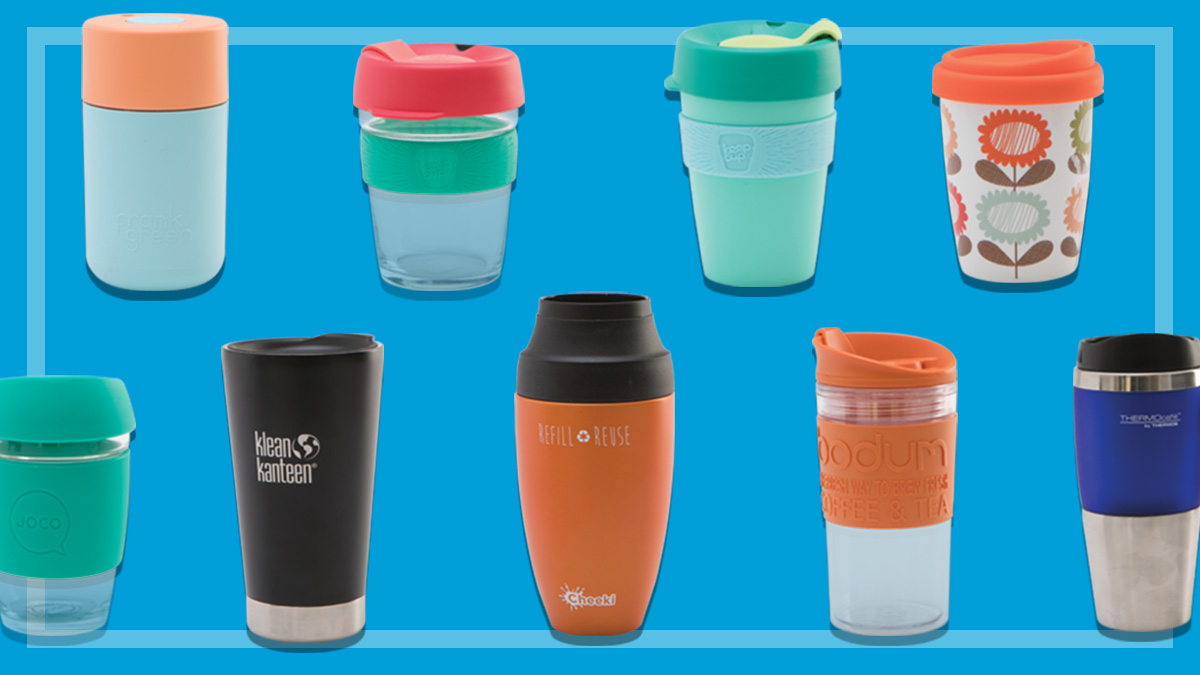 Nine reusable coffee cups from KeepCup, Avanti, Cheeki, Thermos and more on a blue background