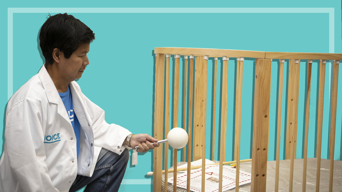 CHOICE tester Antonio Bonacruz assessing a cot