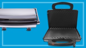 two sandwich presses on a blue background