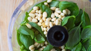 pesto ingredients in a food processor