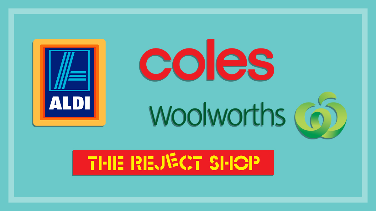 coles woolies aldi the reject shop logos on teal