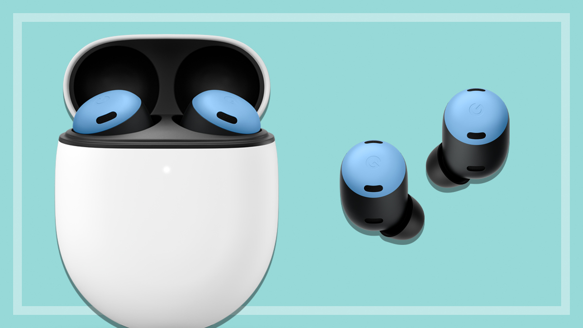 Google Pixel Buds Pro (blue Bay colour option) on a teal background