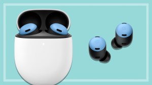 Google Pixel Buds Pro (blue Bay colour option) on a teal background