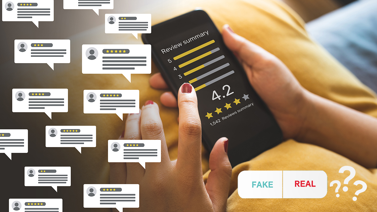 online reviews on phone with fake real button and question marks