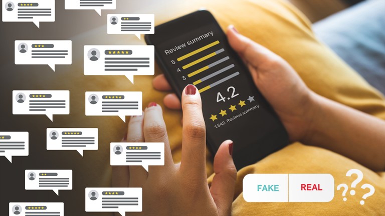 online reviews on phone with fake real button and question marks