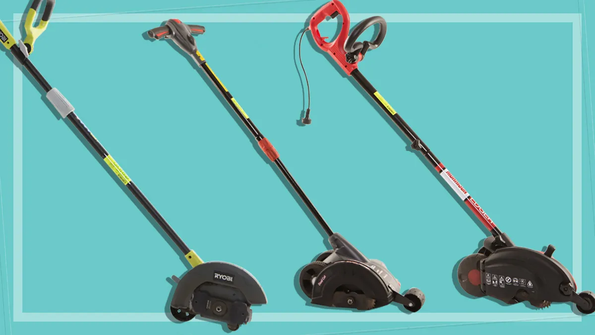 three lawn edgers on a teal background
