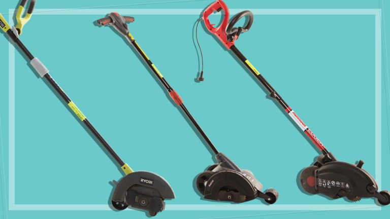 three lawn edgers on a teal background