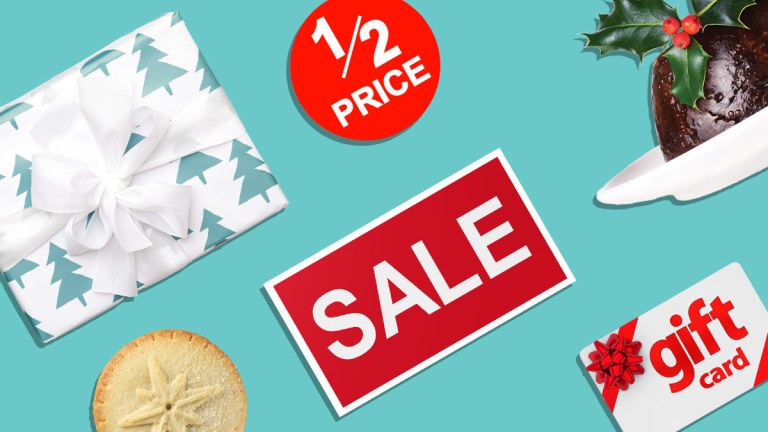 christmas gifts food and card and sale signs