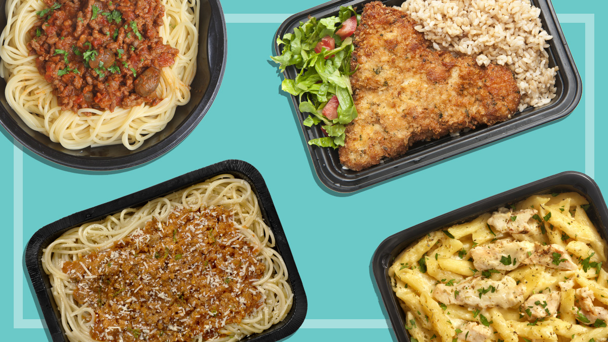 several ready-made meals on a teal background