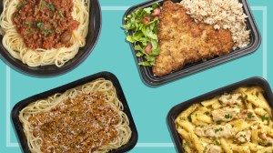 several ready-made meals on a teal background