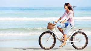 woman rides bike