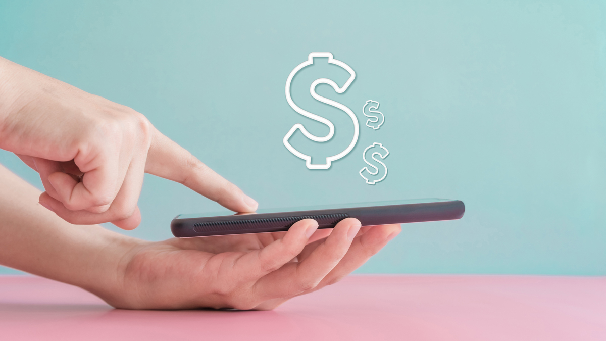 dollar signs finger tapping phone banking app