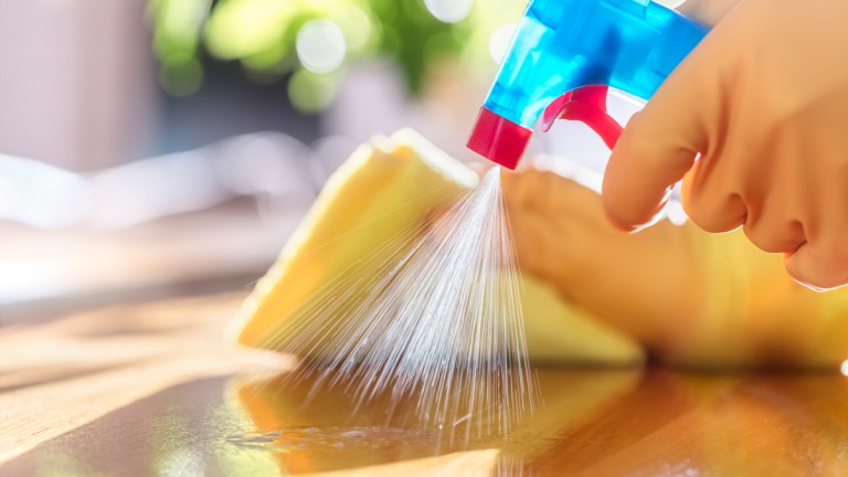 using multipurpose spray on a benchtop