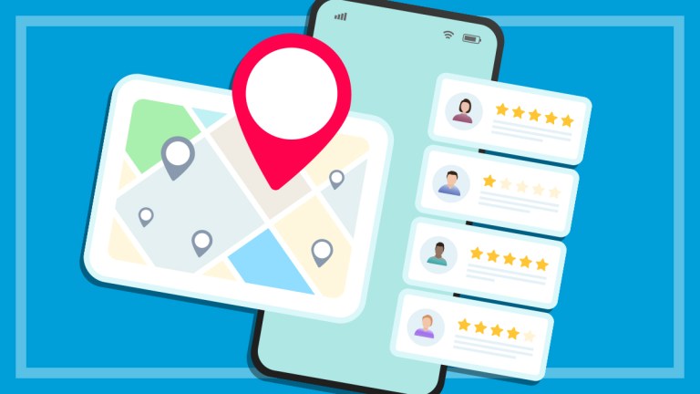 illustration of a smartphone with map and reviews one fake