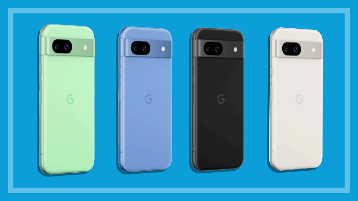 Google Pixel 8a phones on blue background