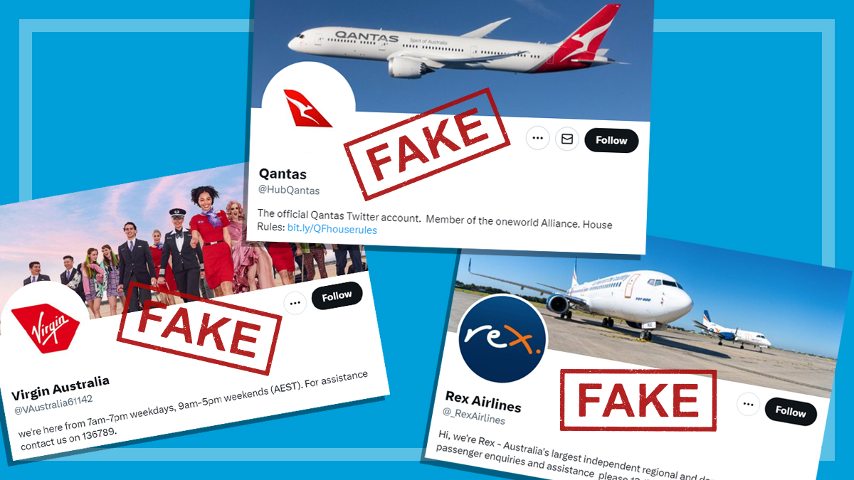 qantas virgin and rex airlines account screens with fake stamps