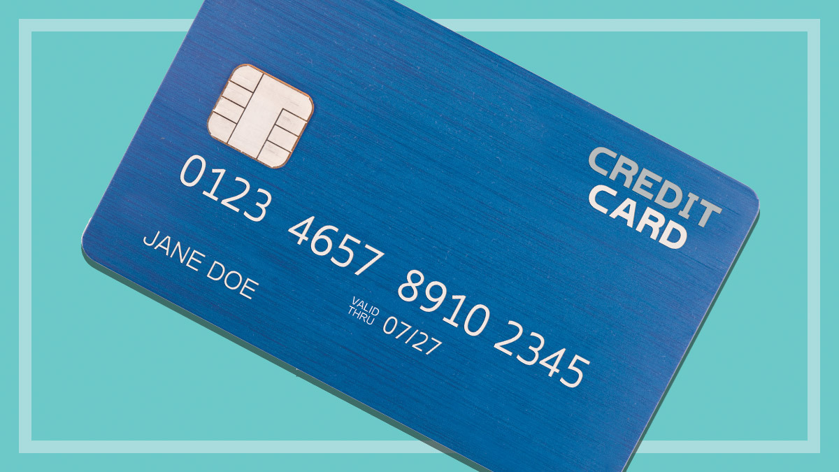 a dark blue credit card with fake numbers and the name Jane Doe on a teal background