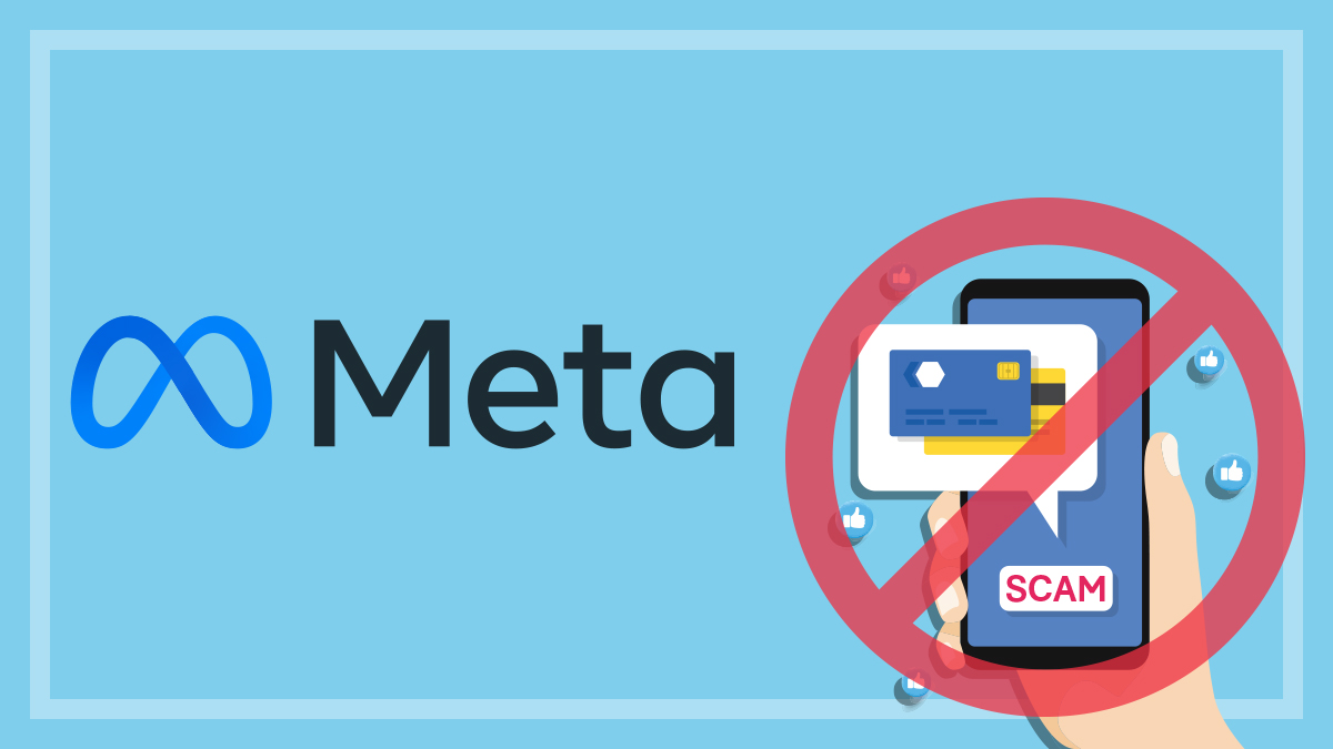 meta logo and illustration of scam on smartphone