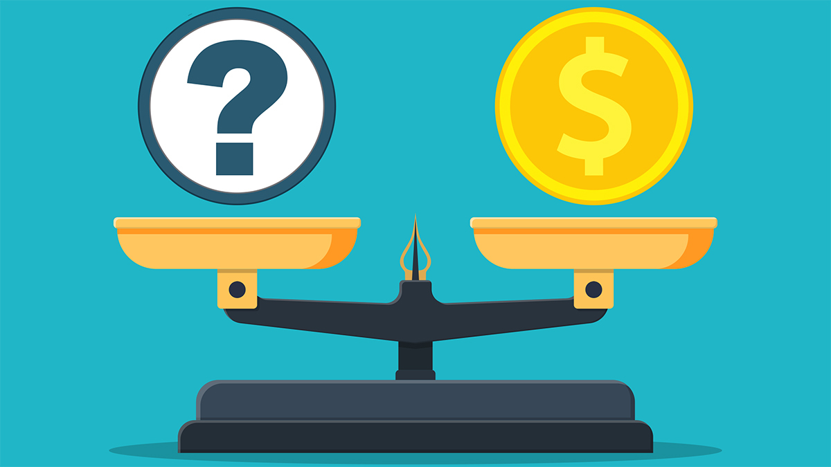 question mark and dollar sign on scales