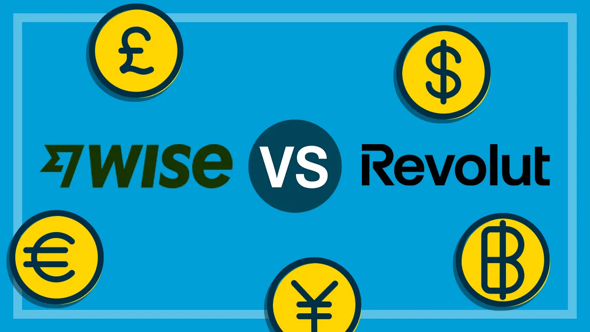 wise and revolut logos surrounded by symbols of different currencies