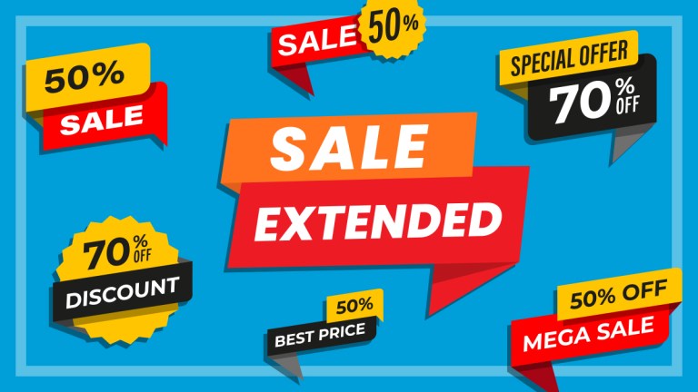 illustrated discount signs and a large sale extended sign
