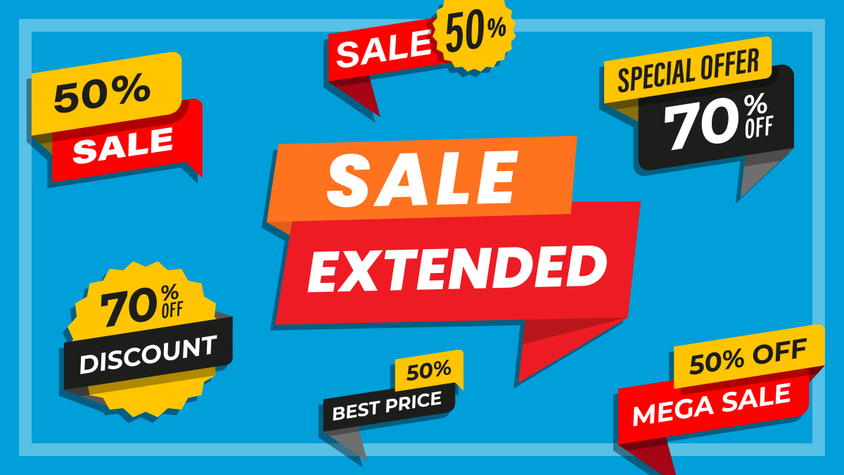 illustrated discount signs and a large sale extended sign