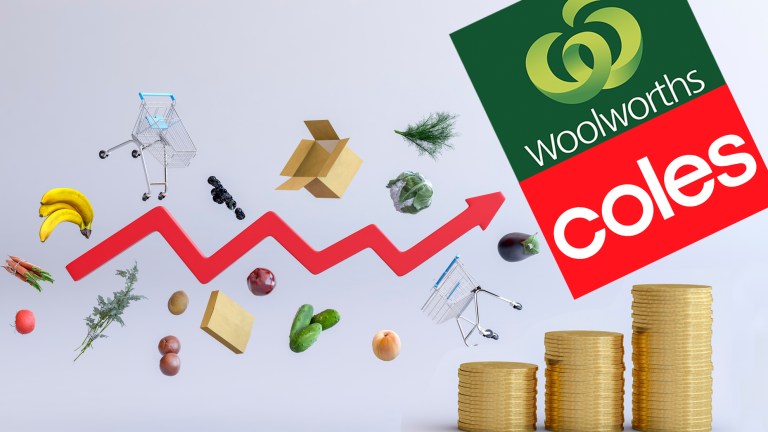grocery price increases arrow and coins with woolworths and coles logos