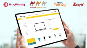 online shopping on laptop tablet with price tracker logos