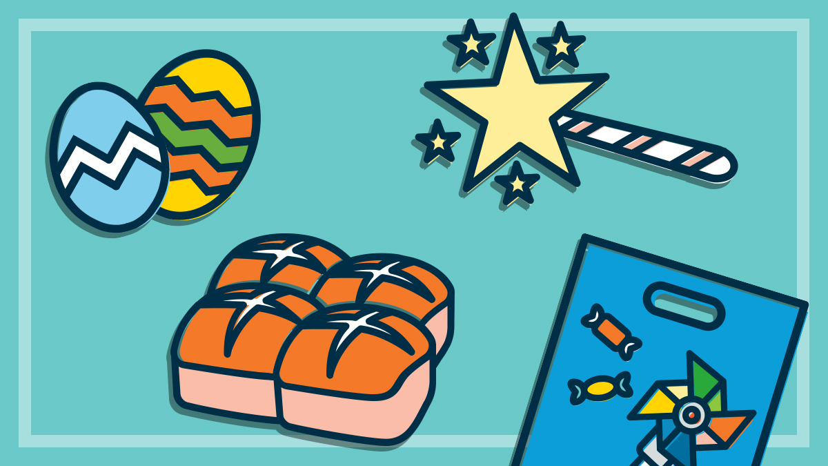 illustration of easter eggs hot cross buns light up toy and showbag