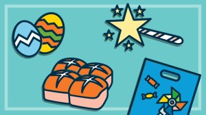 illustration of easter eggs hot cross buns light up toy and showbag