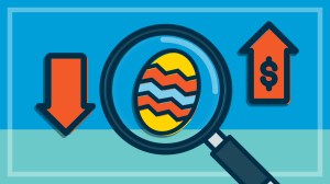 illustration of magnifying glass over an easter egg with size decreas and price increase arrows