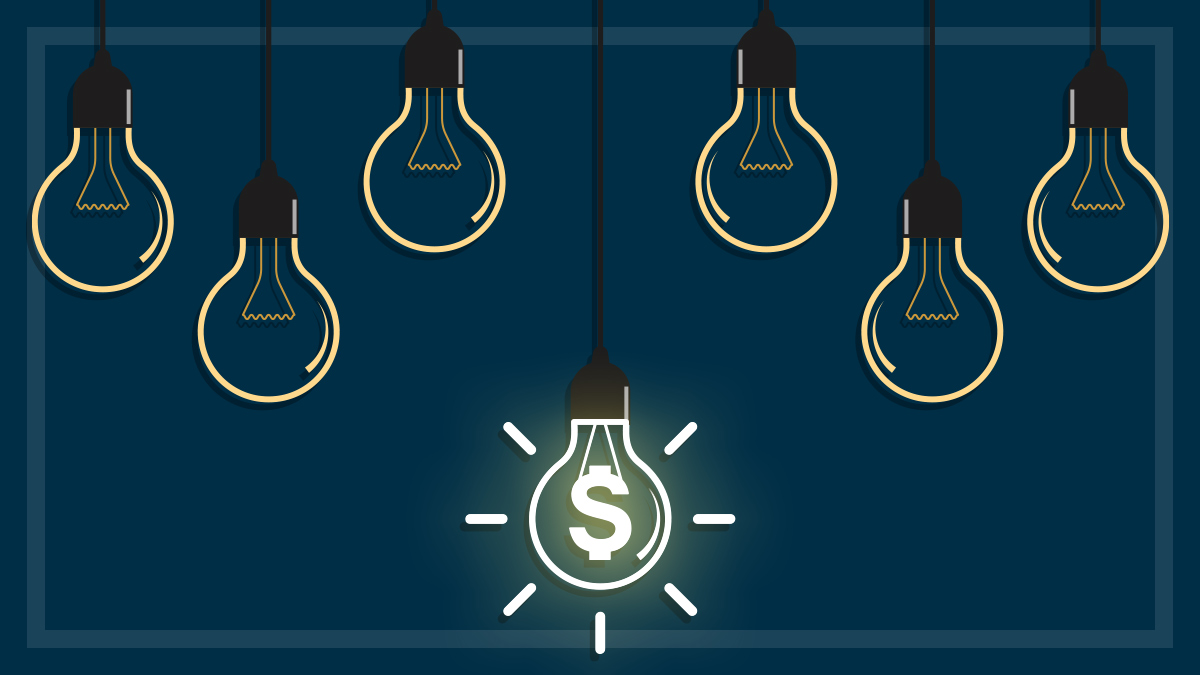 illustration of several light globes with one on and a dollar symbol inside