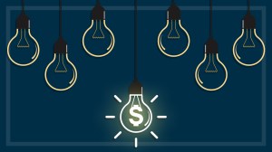 illustration of several light globes with one on and a dollar symbol inside